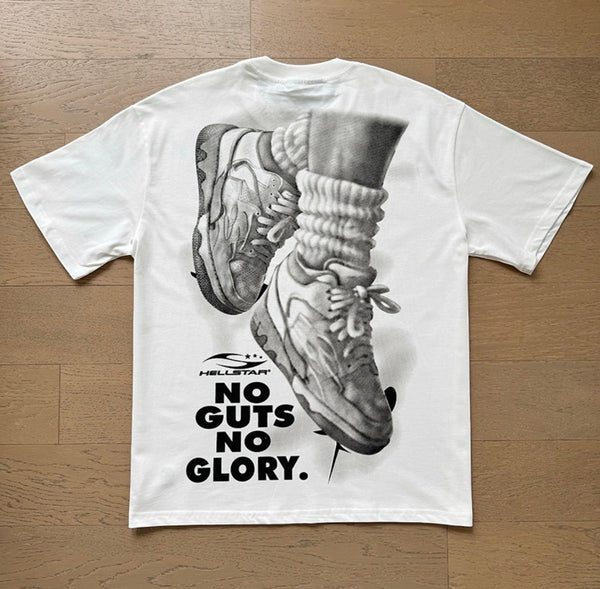 PurpsStore HellStar white heavyweight cotton tee featuring a back graphic of sneakers and No Guts No Glory text.
